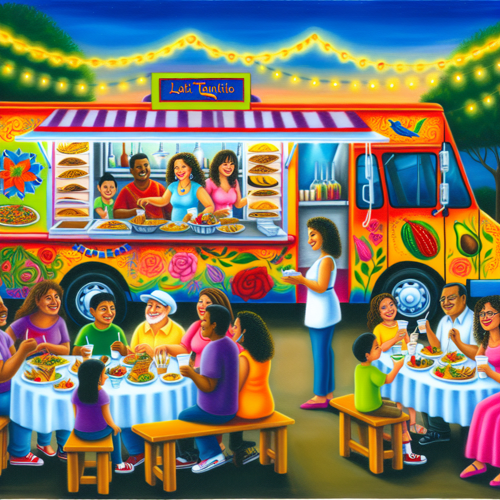 A community gathering around a Latino food truck serving various Latino dishes.