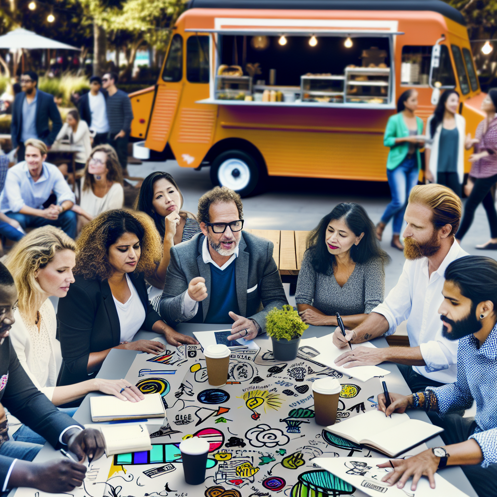 A group of diverse entrepreneurs brainstorming ideas together, symbolizing entrepreneurial spirit and collaboration