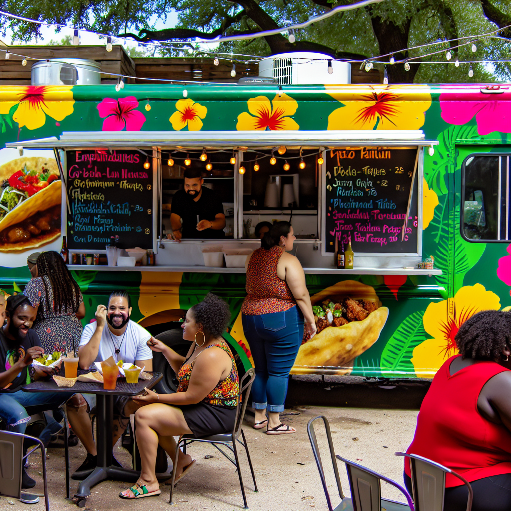 An Austin food truck showcasing Caribbean-Latino fusion dishes, with a floral decoration and a lively atmosphere