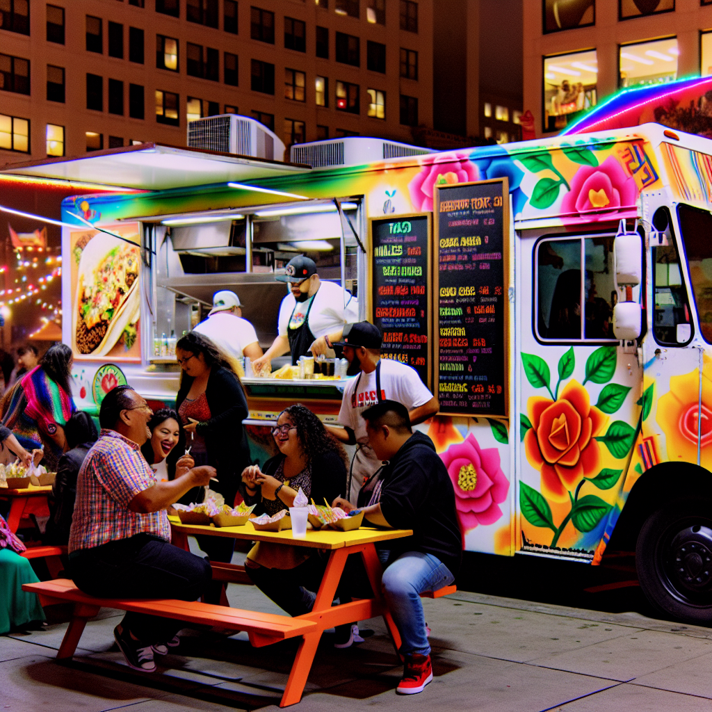A vibrant Latino food truck showcasing its menu offerings and lively atmosphere.