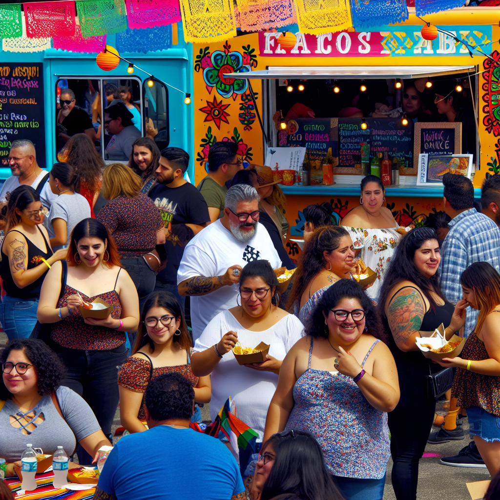 Vibrant Latino food trucks in street market scene