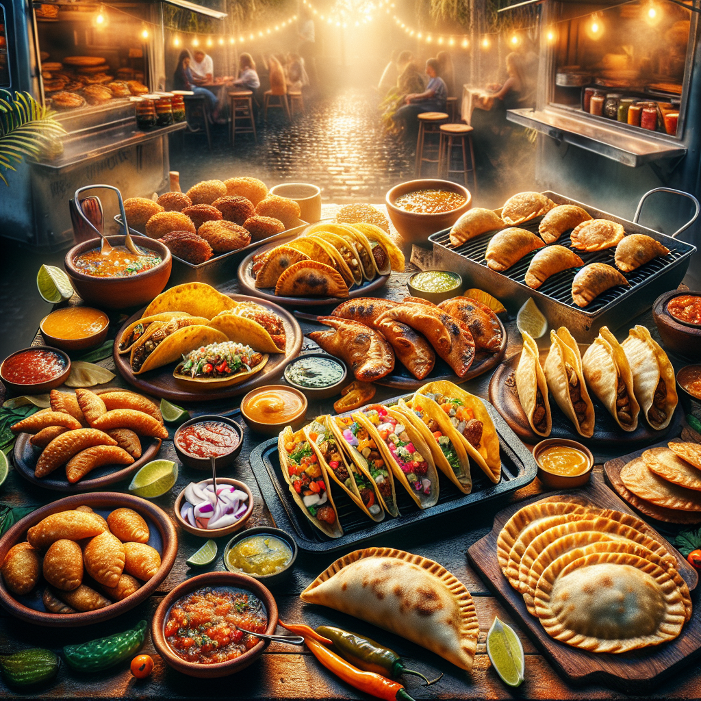 Vibrant display of various Latino food truck dishes