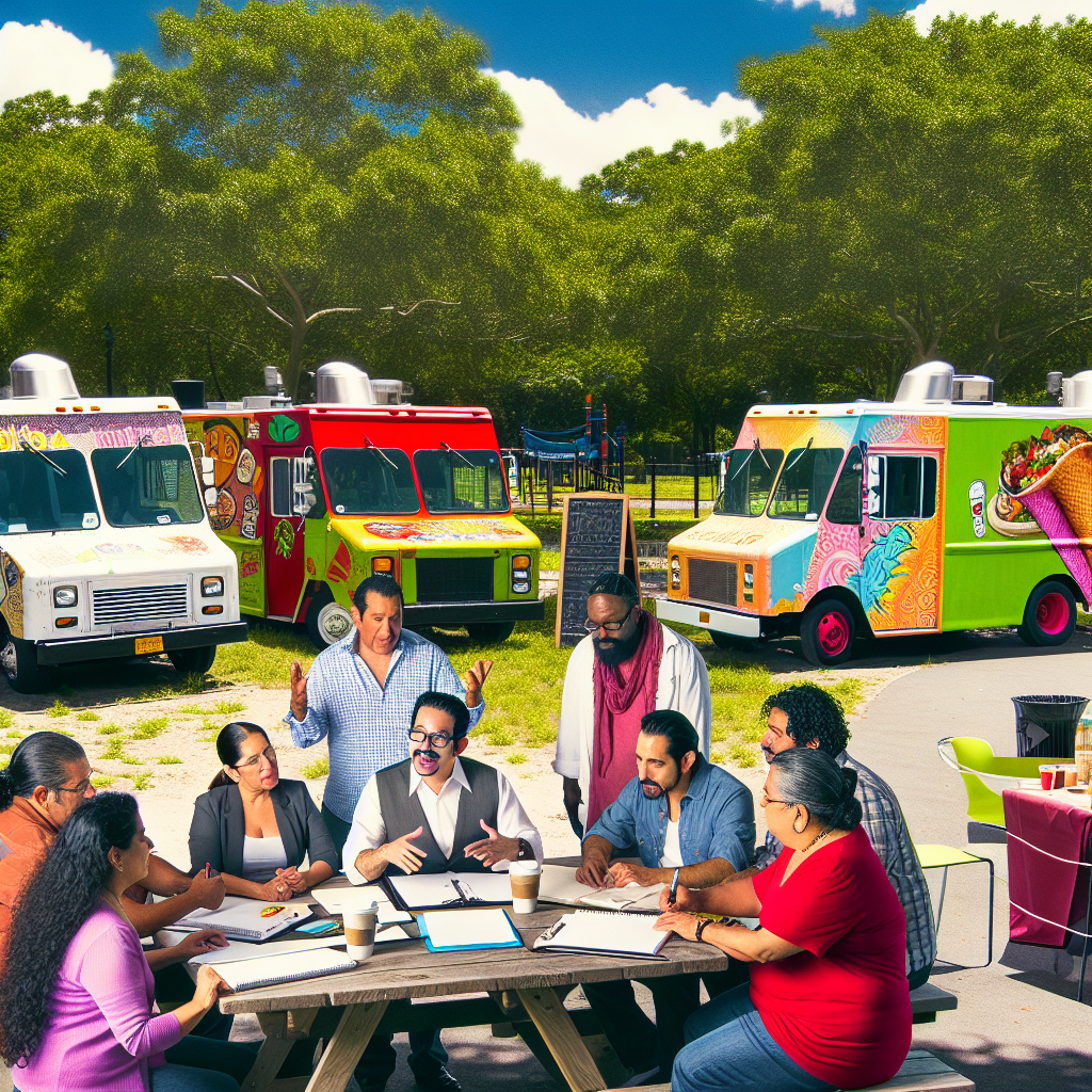 A group of Latino food truck entrepreneurs collaborating on business strategies
