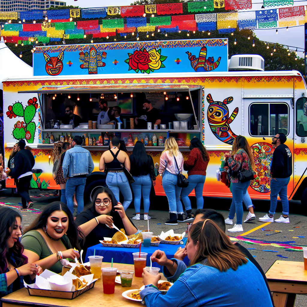 A lively Latino food truck at a cultural festival with people enjoying food