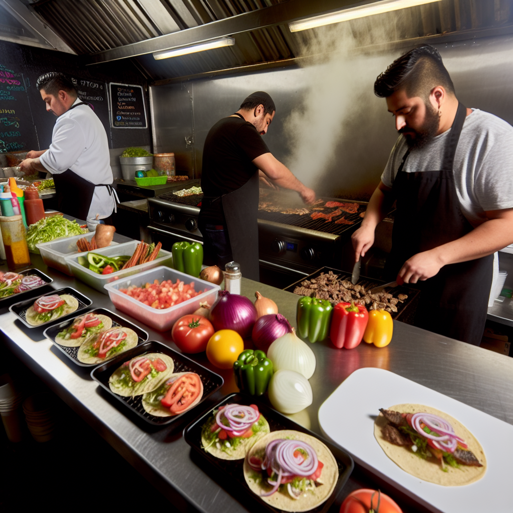 A behind-the-scenes look at a Latino food truck kitchen, highlighting chefs preparing authentic dishes with fresh ingredients, demonstrating the food-making process.