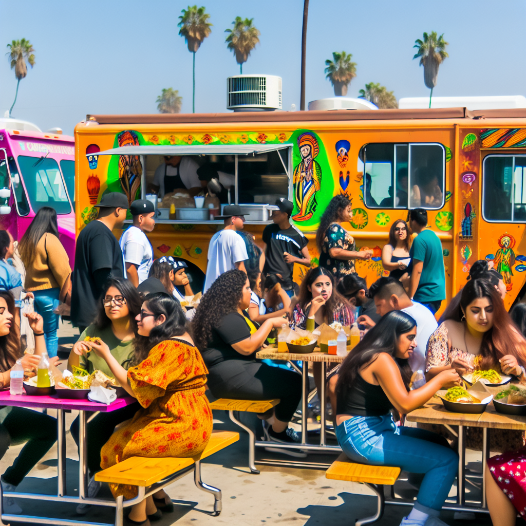 A bustling food truck scene in Los Angeles showcasing vibrant Latino food trucks, with people enjoying tacos under the warm Californian sun