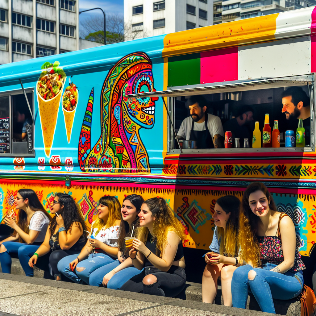 A vibrant Latino food truck serving customers on a busy street, showcasing colorful designs and best-selling menu items, with happy customers interacting and enjoying their meals.
