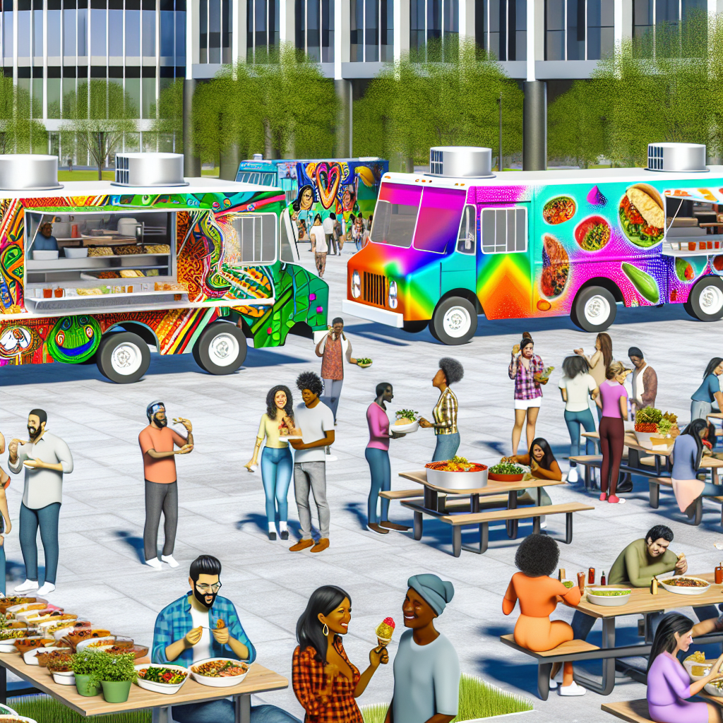 A vibrant outdoor scene showcasing Latino food trucks in a bustling city environment