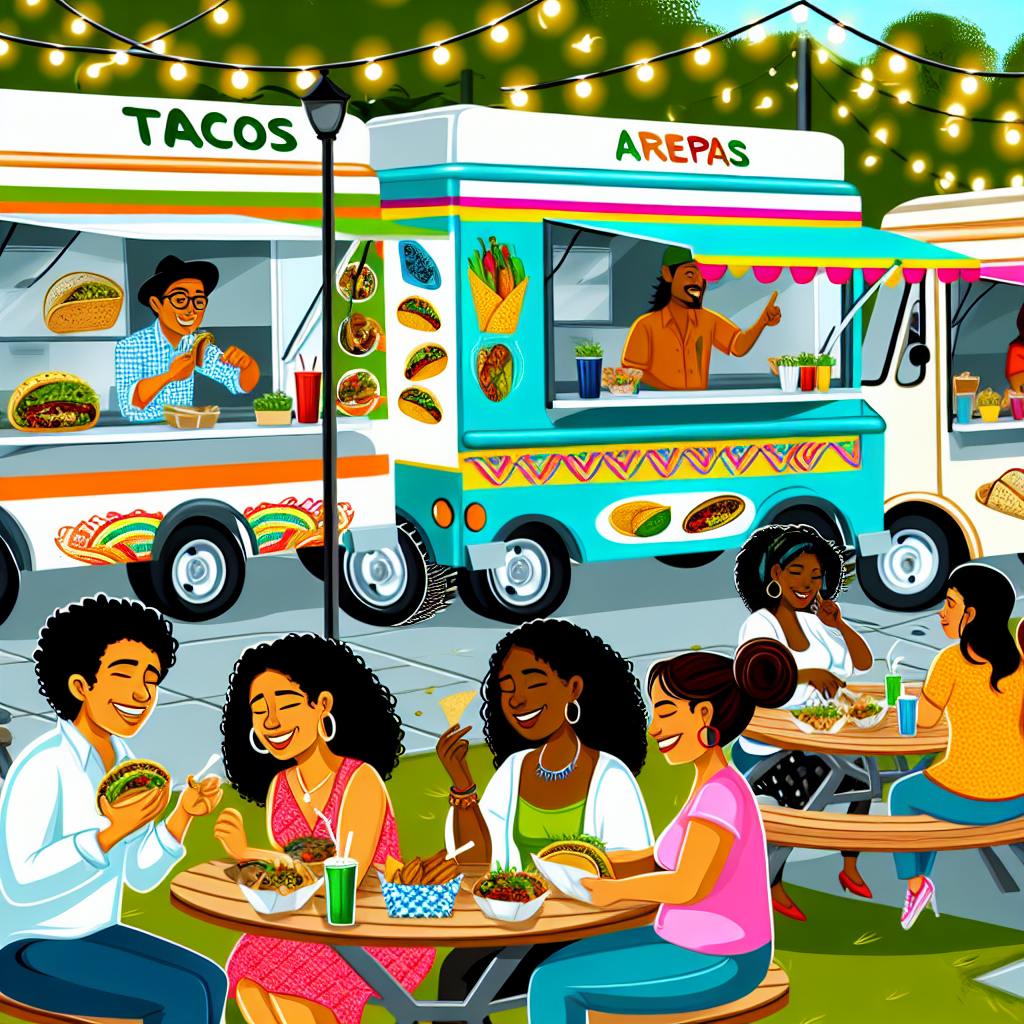 A vibrant food cart marketplace in Portland, with various Latino food trucks serving diverse Latin American cuisine and people enjoying meals