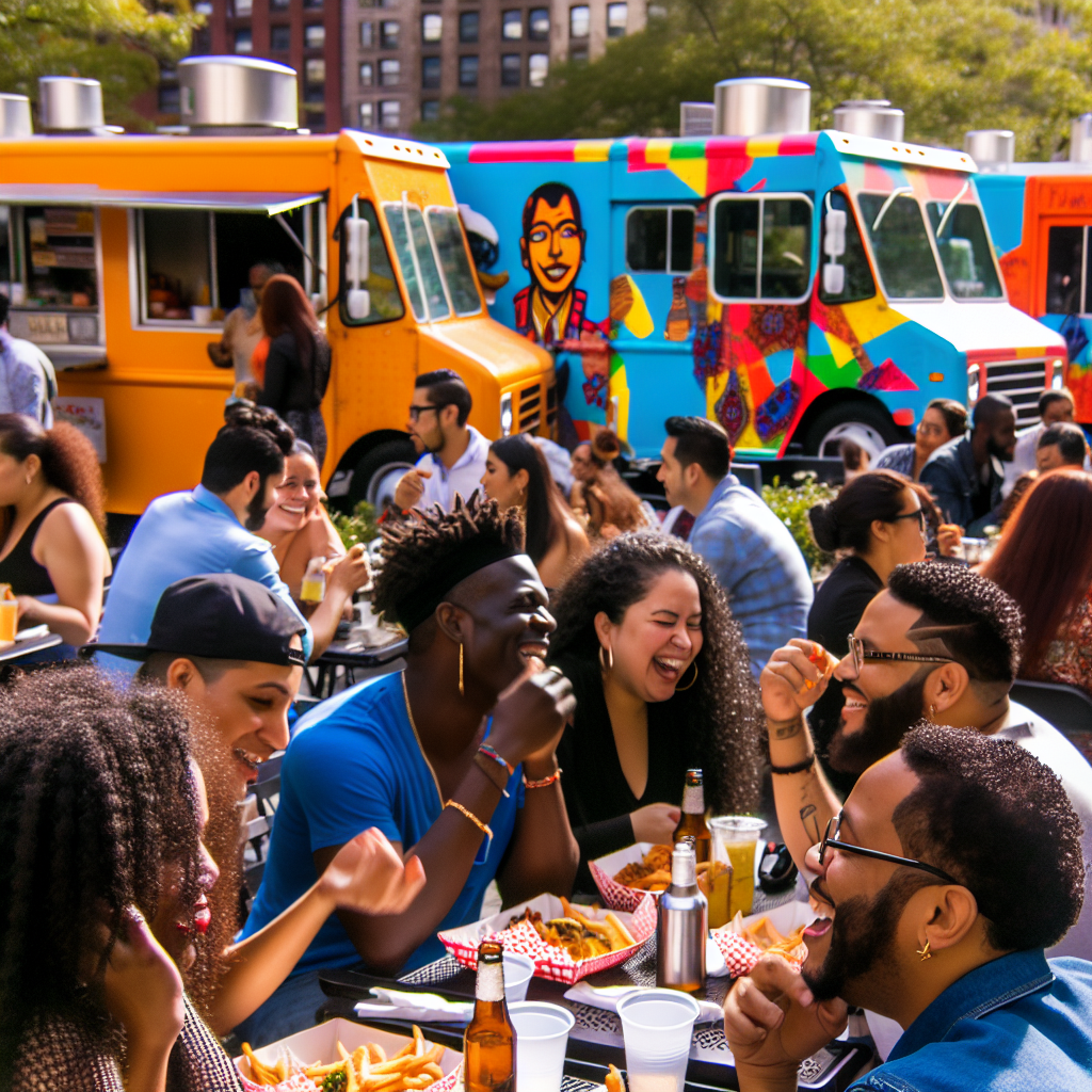 Vibrant scene of Latino food trucks in a city setting, showcasing their cultural significance in food entrepreneurship