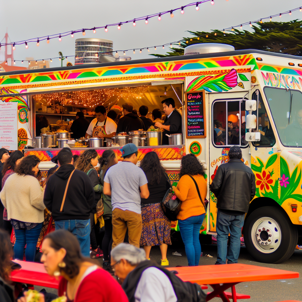 An outdoor Mexican food truck at a festival in San Francisco, featuring traditional dishes like burritos and tacos with a crowd gathered around