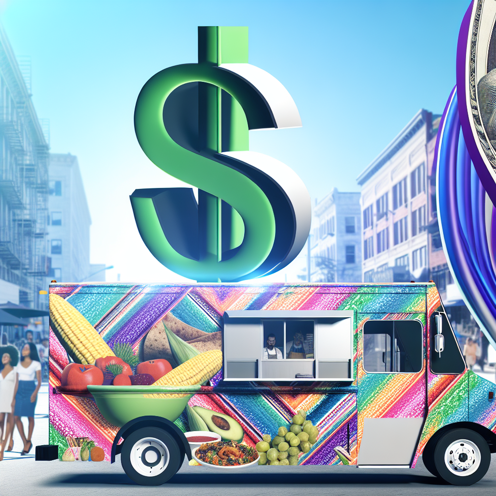 A visual representation of the impact of truck tariffs on Latino food entrepreneurs, featuring a food truck next to a dollar sign indicating rising costs.