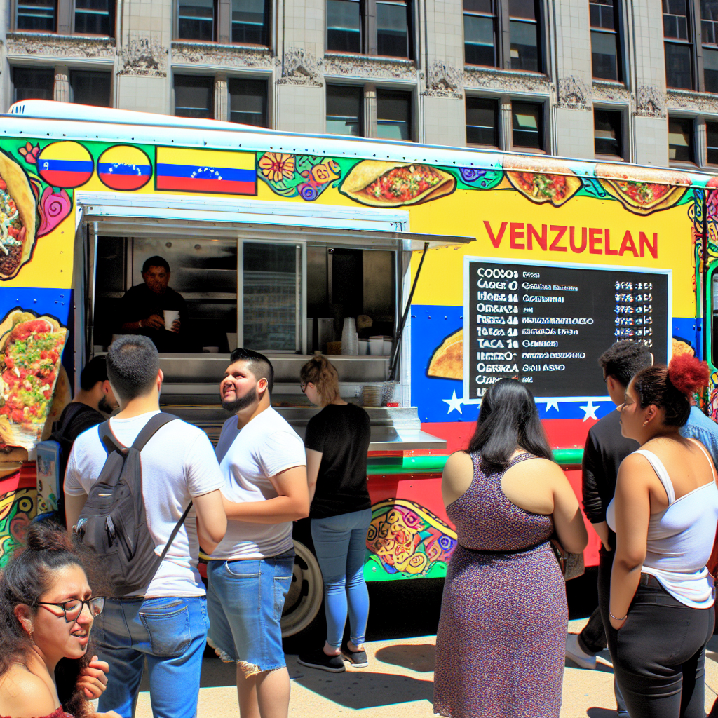 A colorful Venezuelan food truck serving arepas and tacos in Chicago, with customers happily ordering from the truck