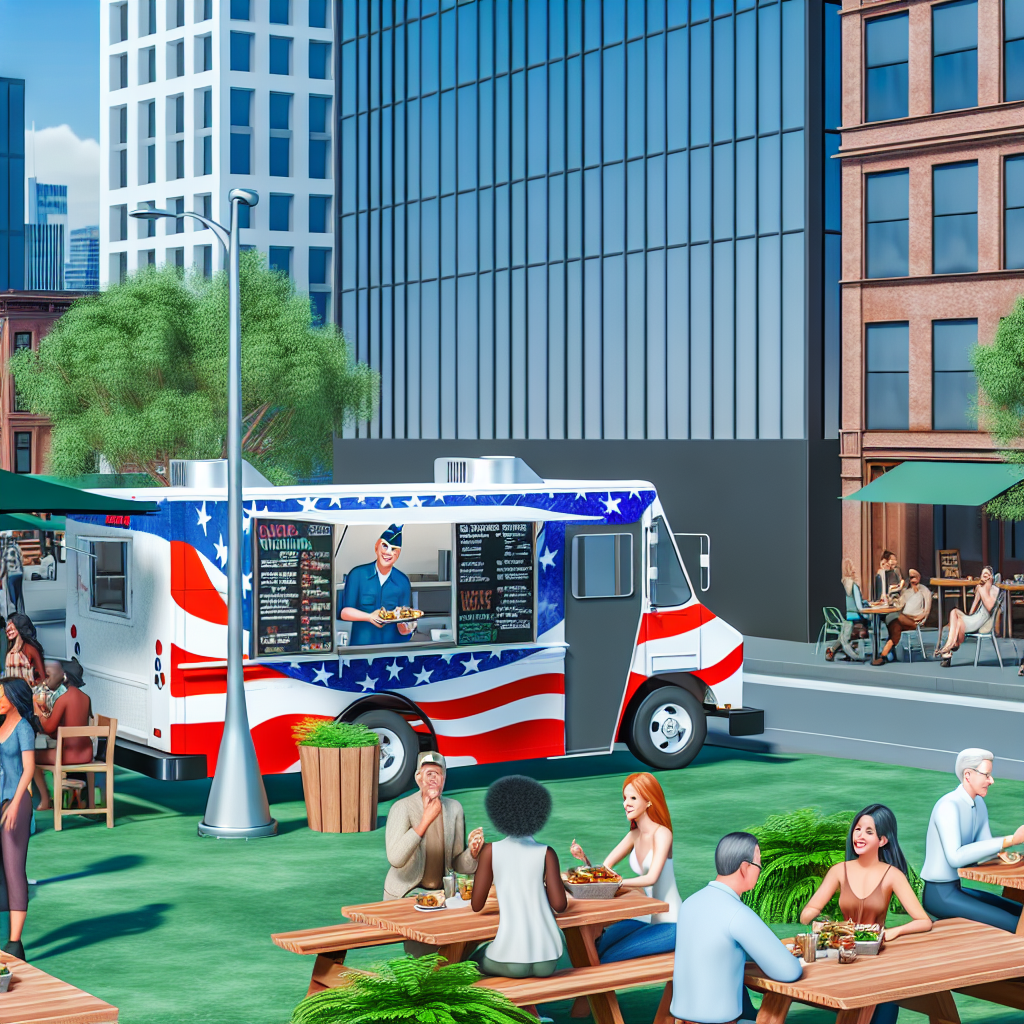 Lively street with veteran food truck