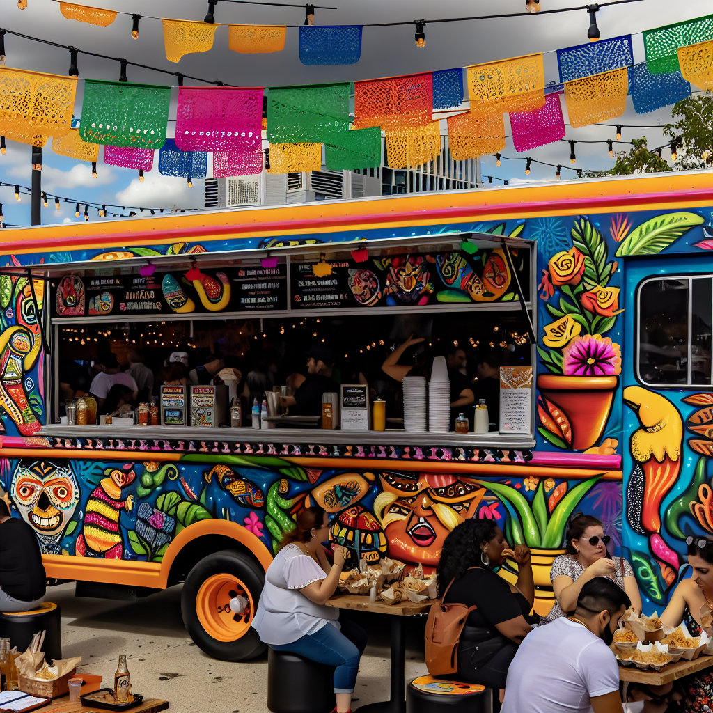 A vibrant Latino-themed food truck surrounded by a festive atmosphere