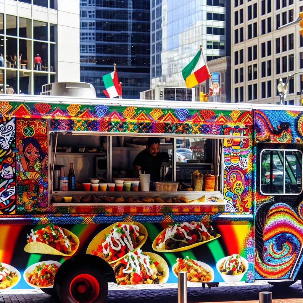 A vibrant Latino food truck in a busy urban setting