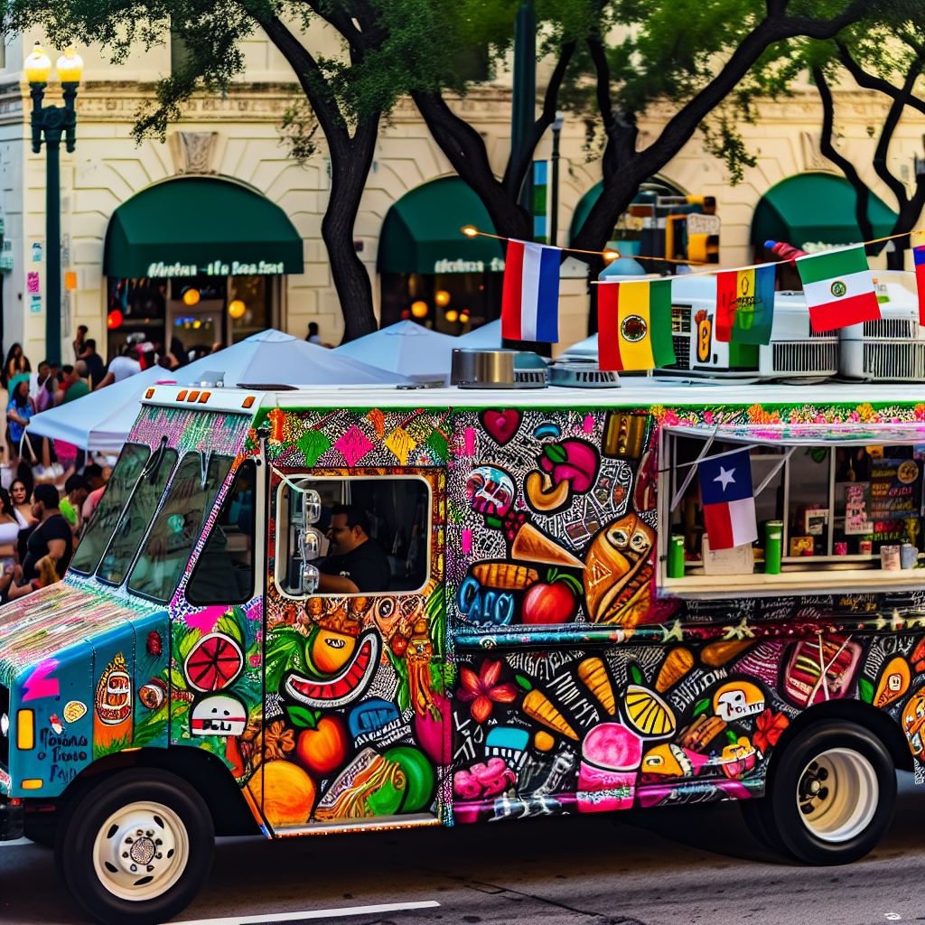 A vibrant Latino food truck on a bustling street