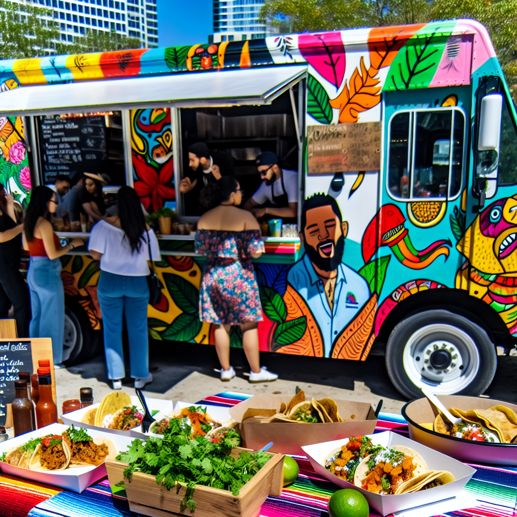 A vibrant Latino food truck showcasing a colorful design with a variety of Latino dishes displayed attractively.