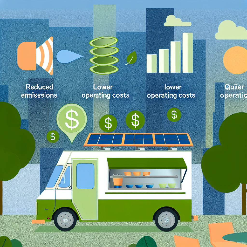 An informative image illustrating the benefits of electric food trucks, showcasing elements like reduced emissions, lower operating costs, quieter operations, and eco-friendliness.