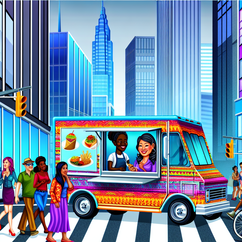 A busy food truck in an urban setting
