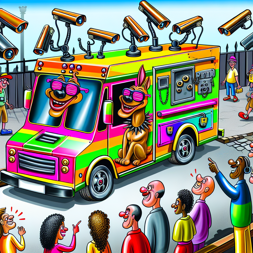 Humorous cartoon graphic portraying a food truck with exaggerated security features, such as a guard dog and security cameras, creating a light-hearted take on food truck security.
