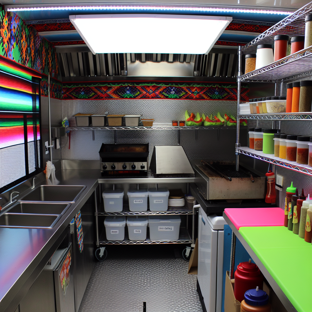 Interior kitchen layout of a food truck designed for Latino cuisine showcasing organization and equipment placement.