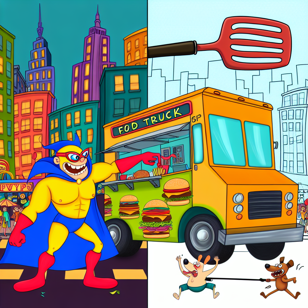 A humorous illustration of a cartoon character guarding a food truck, depicting the quirky world of food trucks and thefts.