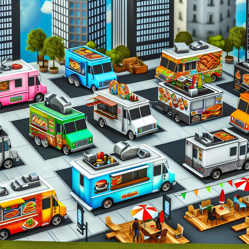 Various food truck models including step vans, cargo vans, and food trailers displayed in an urban setting