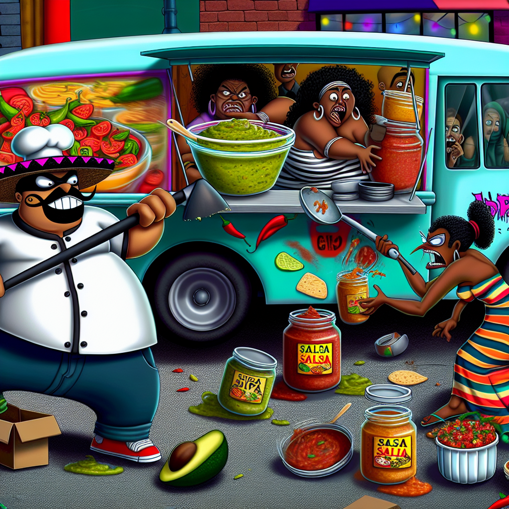 A humorous cartoon depicting a character guarding a food truck filled with salsa and dips, surrounded by comical food thieves trying to sneak away with the goods.