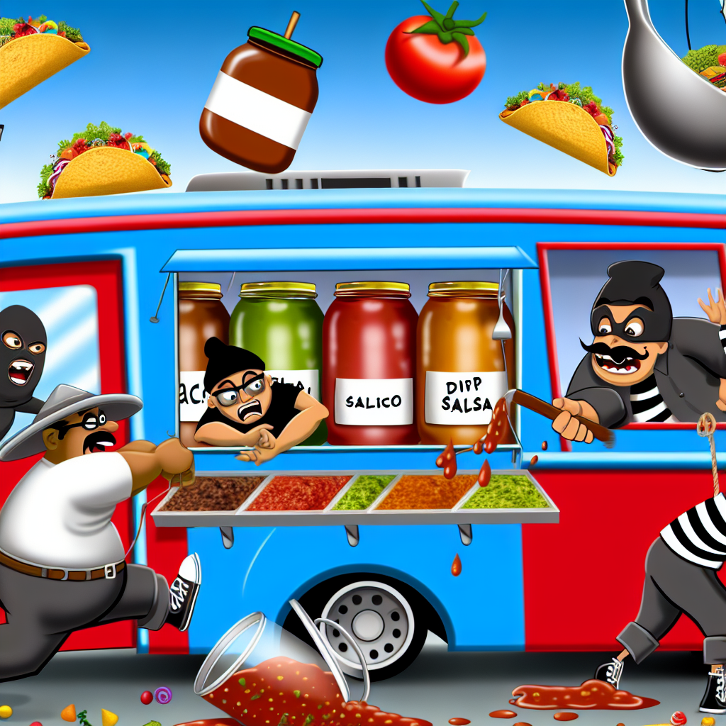 A humorous cartoon depicting a food truck in an exaggerated 'heist' scenario, featuring cartoon characters dressed as thieves attempting to steal dips and salsas from the truck. The scene is exaggerated for comedic effect, showcasing an absurd struggle, with colorful and playful elements.