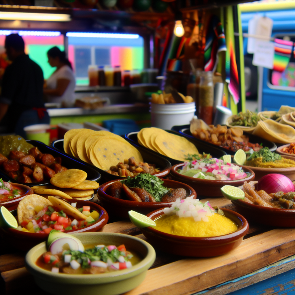 A vibrant display of various Latino dishes typical in food trucks