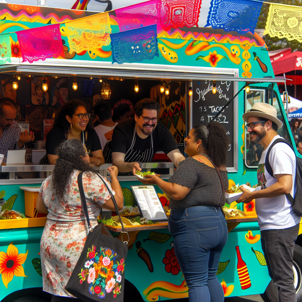 A vibrant Latino food truck during a community event, showcasing the interaction between the vendor and customers with colorful cultural decorations.