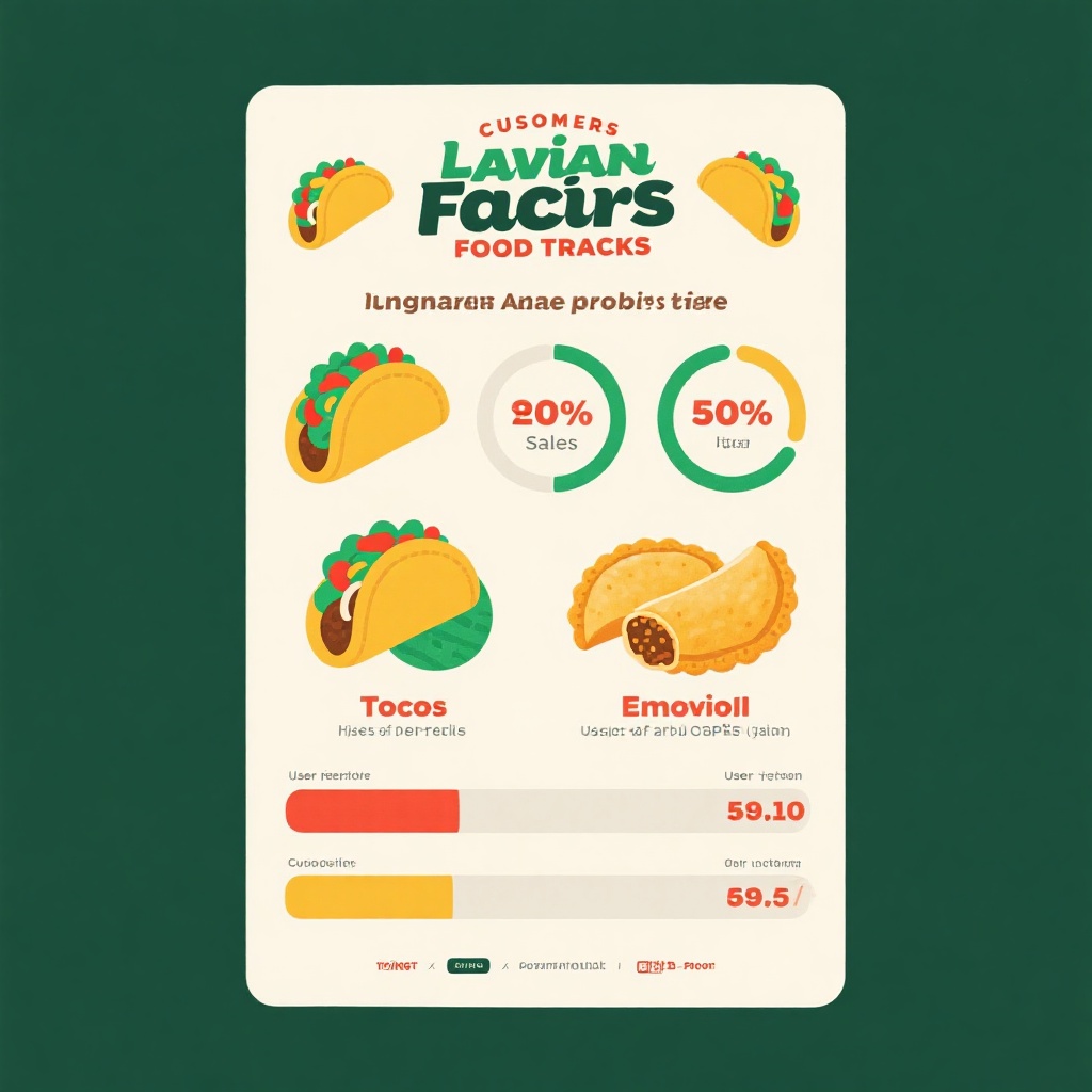 Infographic highlighting customer favorites from Latino food trucks, showing sales and user preferences of tacos and empanadas.