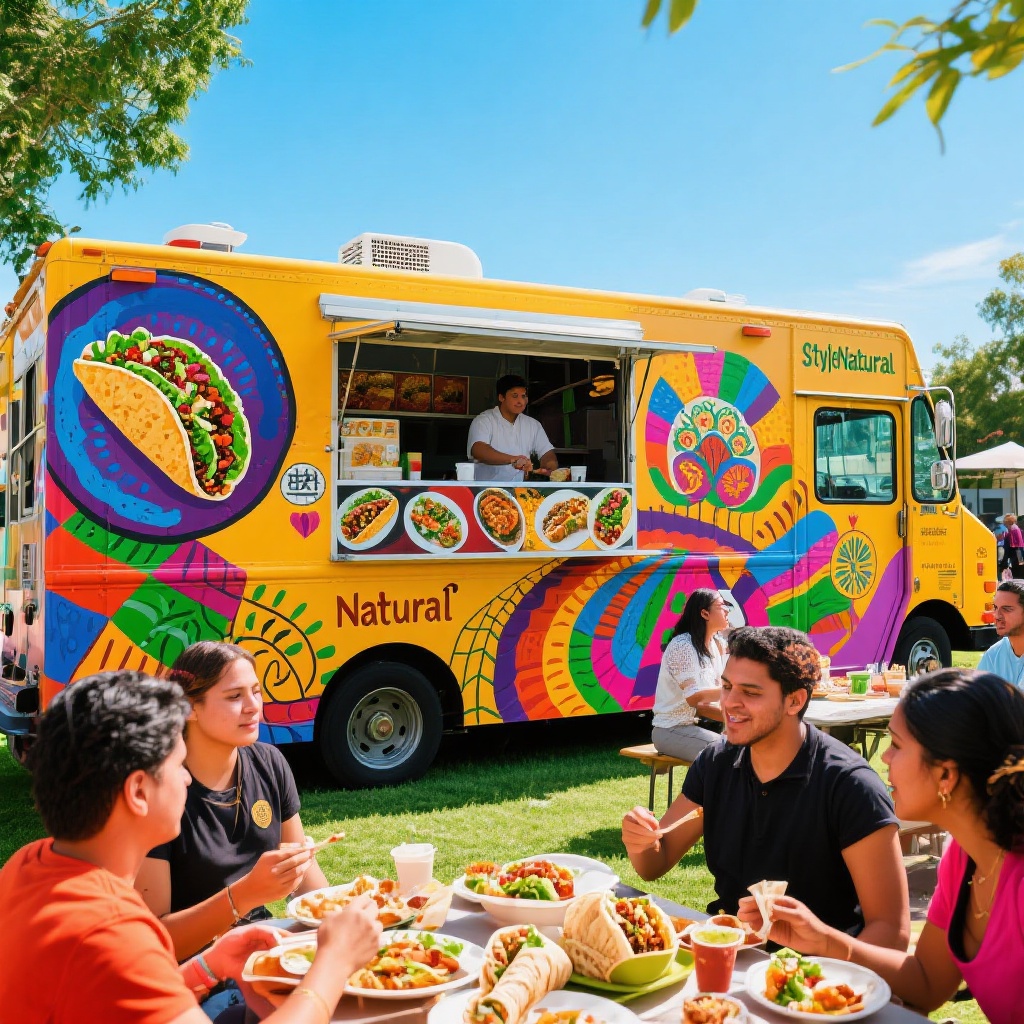 A vibrant food truck showcasing a fusion of Latino culinary styles, featuring colorful dishes like Korean-Mexican tacos and Indian-Mexican wraps.