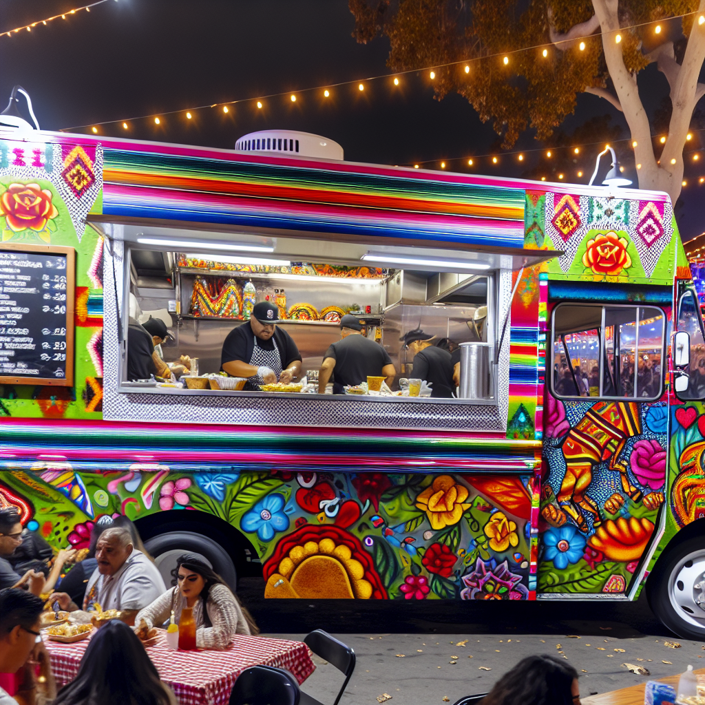 A vibrant Latino food truck serving traditional dishes at a lively outdoor festival setting.