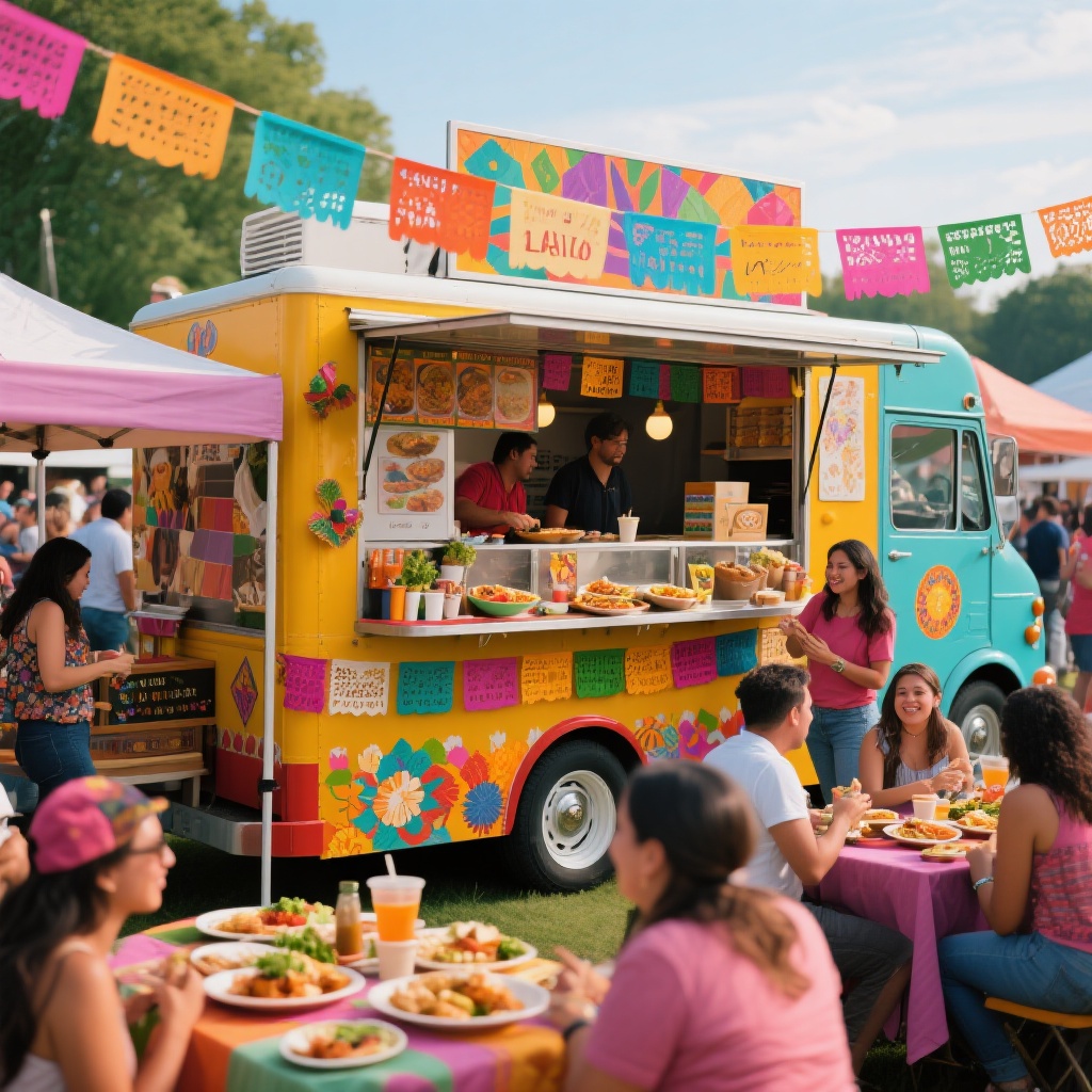 A vibrant Latino food truck at a bustling food festival, showcasing colorful dishes and decorations.