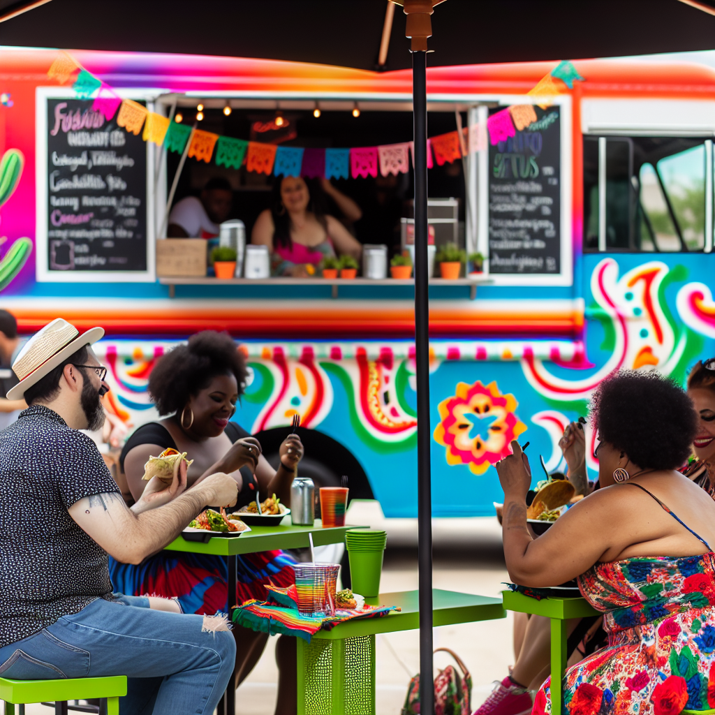 A vibrant scene of a Latino food truck surrounded by happy customers enjoying healthy dishes.