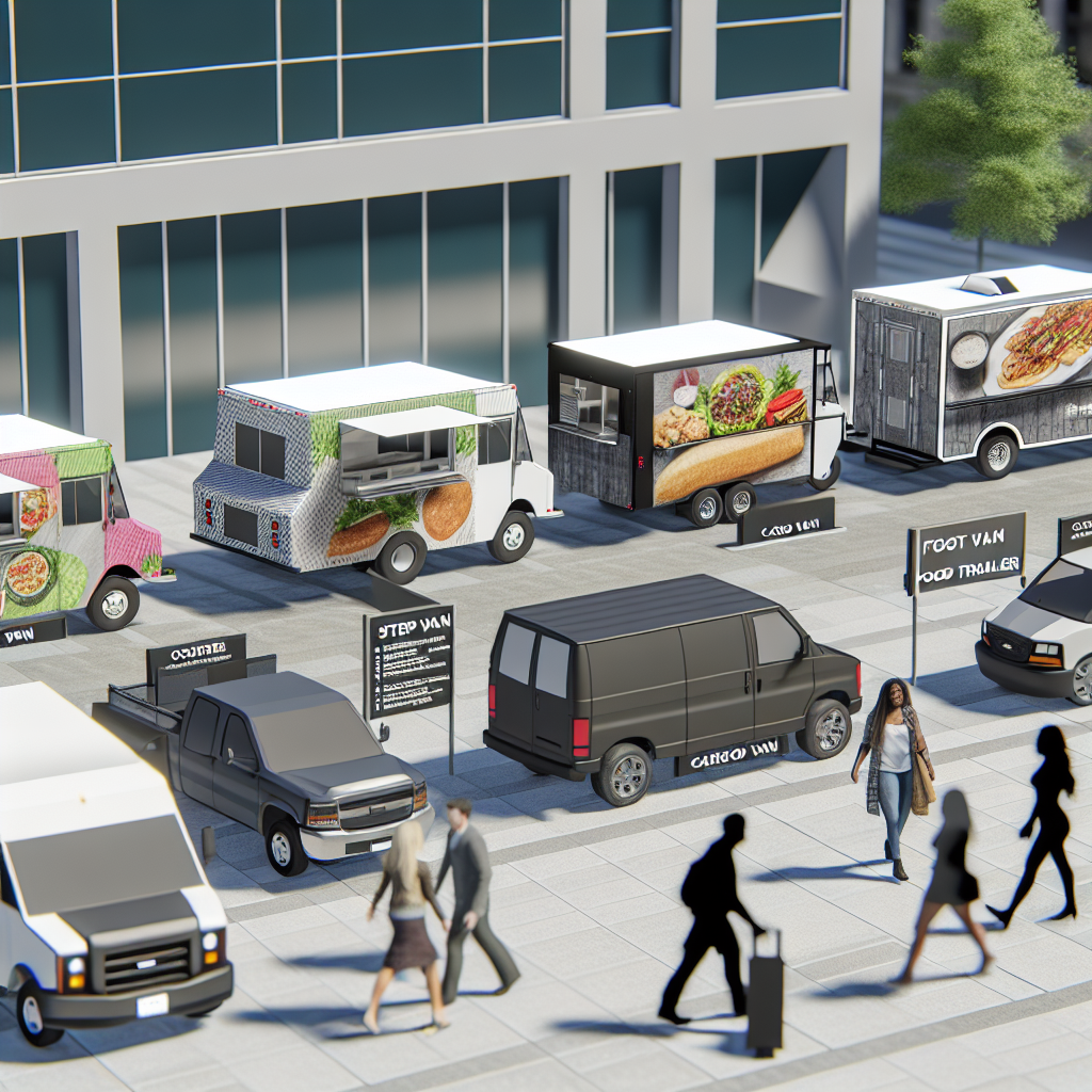 Visual comparison of various food truck models, including step vans, cargo vans, and food trailers