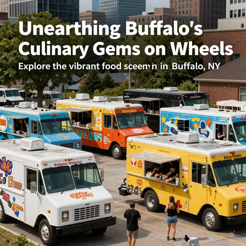 A lively scene of different food trucks in Buffalo, people enjoying meals, capturing the essence of street food culture.
