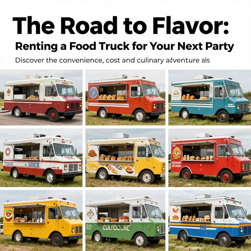 An assortment of food trucks displaying a variety of cuisines available for renting.