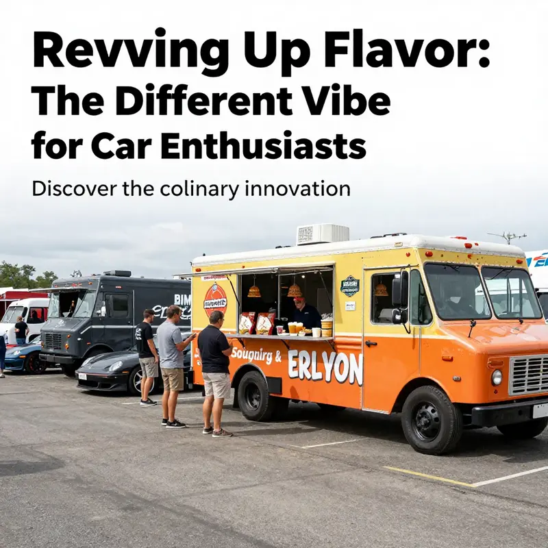 A dynamic scene featuring a colorful food truck at a car show, surrounded by delighted customers and classic cars.