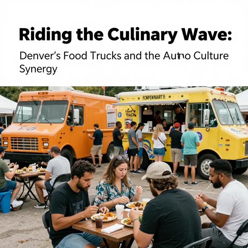 A bustling Denver street scene featuring a variety of food trucks and eager diners.