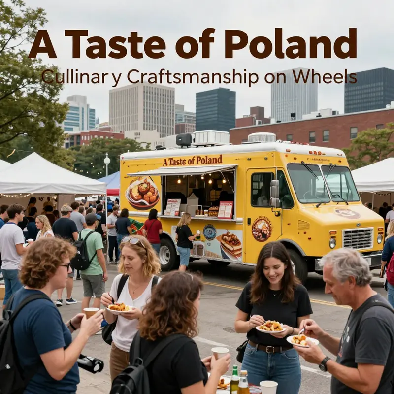 The lively atmosphere around A Taste of Poland Food Truck, showcasing a variety of traditional Polish dishes.