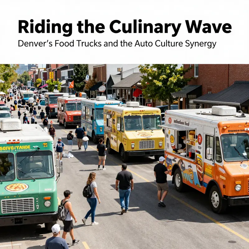A bustling Denver street scene featuring a variety of food trucks and eager diners.