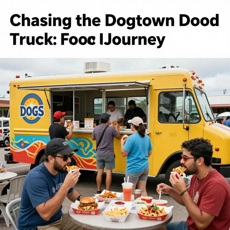 An energetic food truck atmosphere, showcasing customers enjoying delicious meals from the Dogtown Dogs Food Truck.