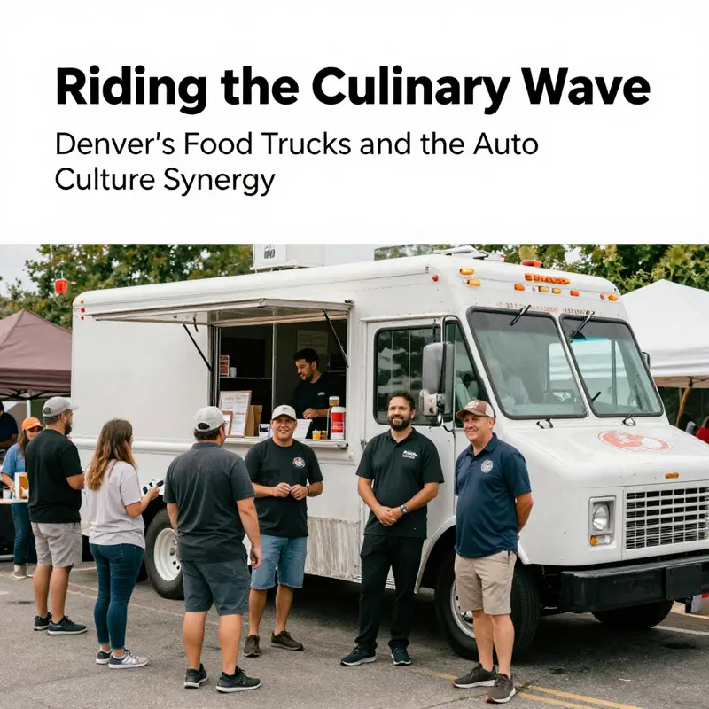A bustling Denver street scene featuring a variety of food trucks and eager diners.