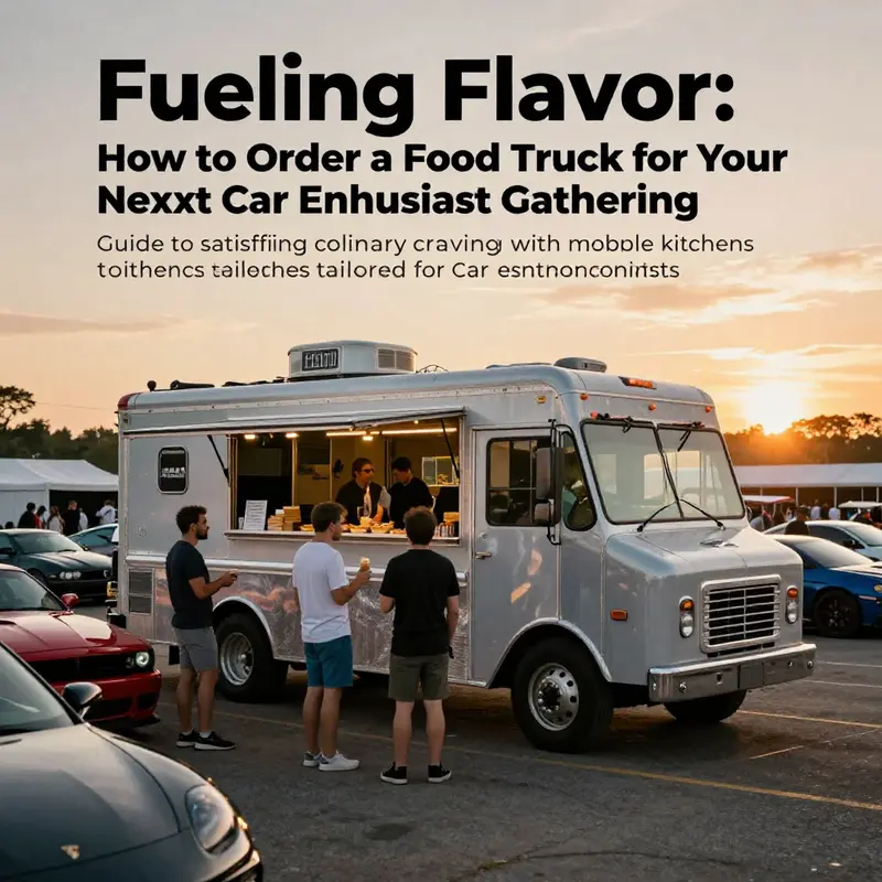 A food truck serving delicious dishes at a vibrant car meet, highlighting the connection between food and automotive culture.