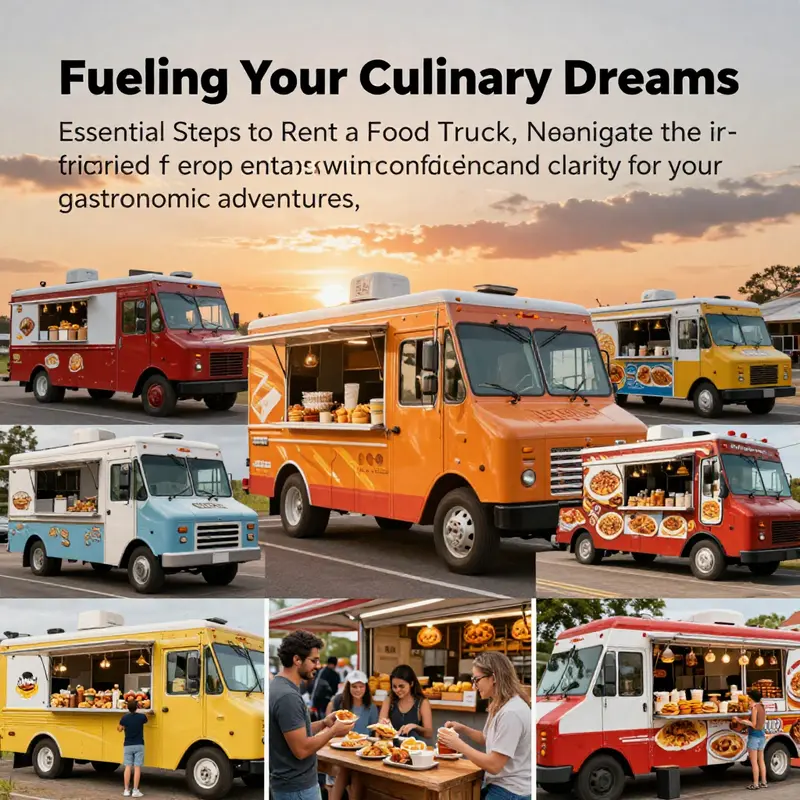 Collage of food trucks catering diverse cuisines under a colorful sunset.