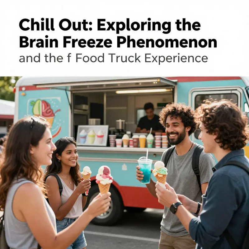 A lively food truck scene featuring happy customers enjoying cold treats, embodying the connection to brain freeze.