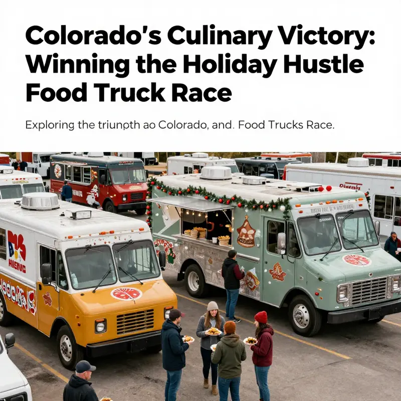 A lively food truck rally with various trucks and joyful patrons enjoying meals.